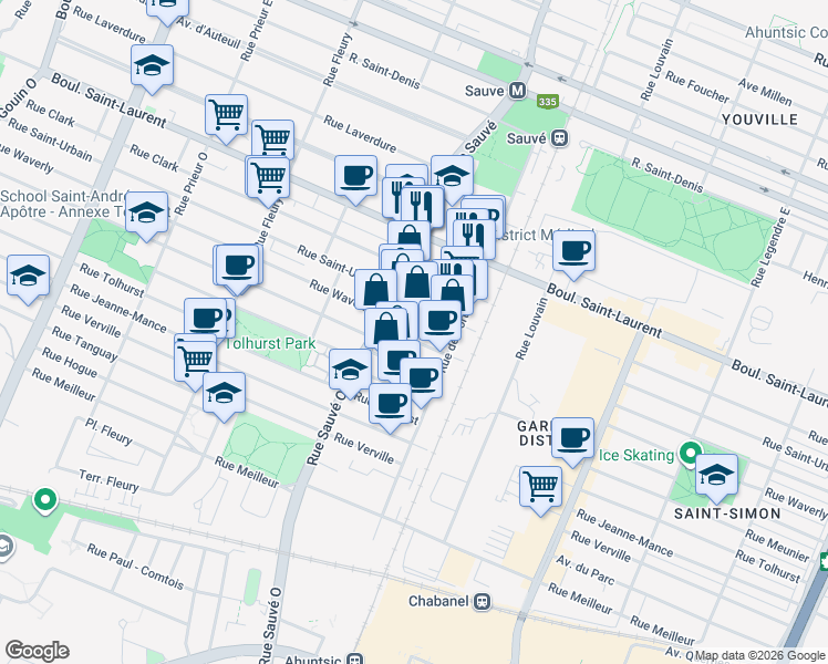 map of restaurants, bars, coffee shops, grocery stores, and more near in Montreal