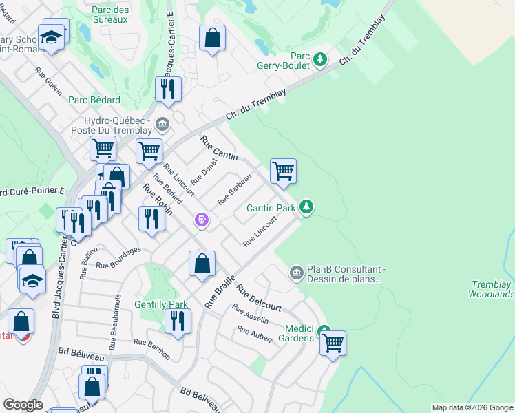 map of restaurants, bars, coffee shops, grocery stores, and more near 2736 Rue Borduas in Longueuil