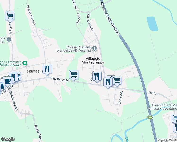 map of restaurants, bars, coffee shops, grocery stores, and more near 17 Via Giacomo Leopardi in Villaggio Montegrappa
