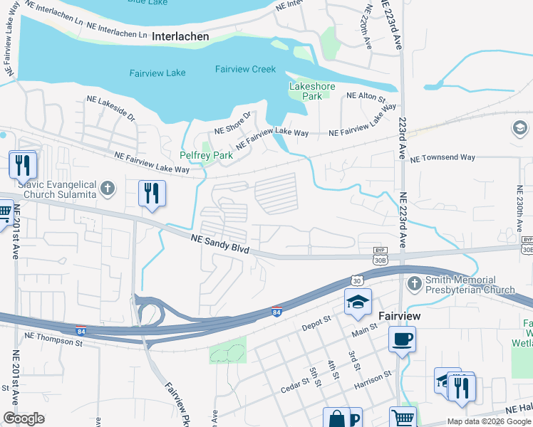 map of restaurants, bars, coffee shops, grocery stores, and more near 21495 Northeast Willow Glen Road in Fairview
