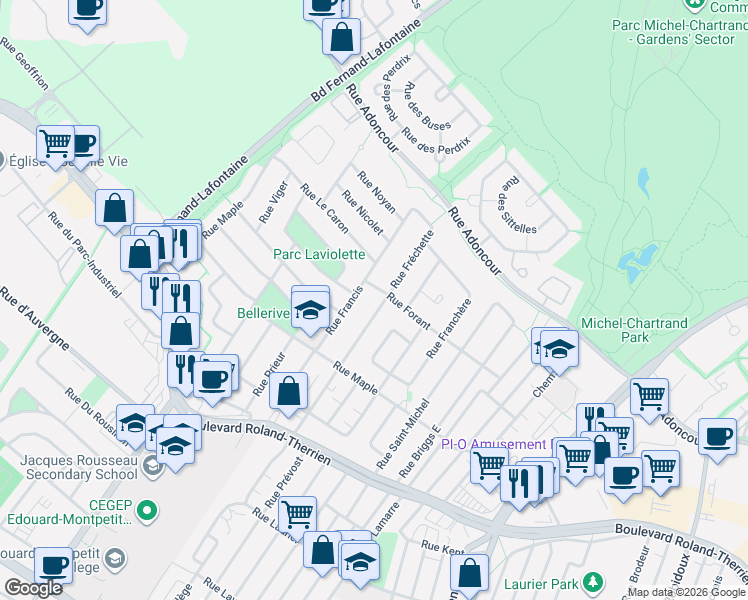 map of restaurants, bars, coffee shops, grocery stores, and more near 1039 Rue Fréchette in Longueuil