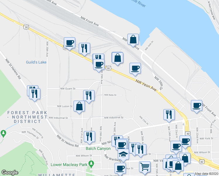 map of restaurants, bars, coffee shops, grocery stores, and more near in Portland