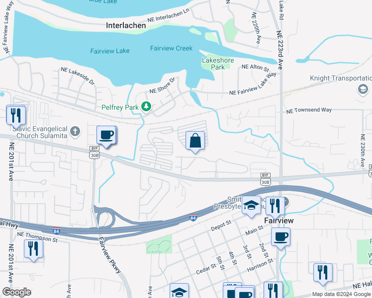 map of restaurants, bars, coffee shops, grocery stores, and more near 21495 Northeast Willow Glen Road in Fairview