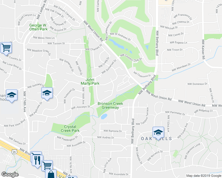 map of restaurants, bars, coffee shops, grocery stores, and more near 16290 Northwest Paisley Drive in Beaverton