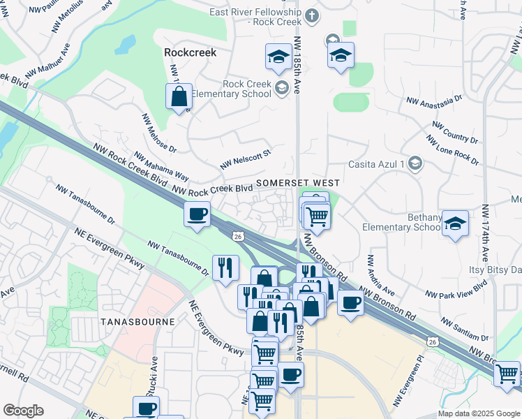 map of restaurants, bars, coffee shops, grocery stores, and more near 18710 Northwest Rock Creek Circle in Portland