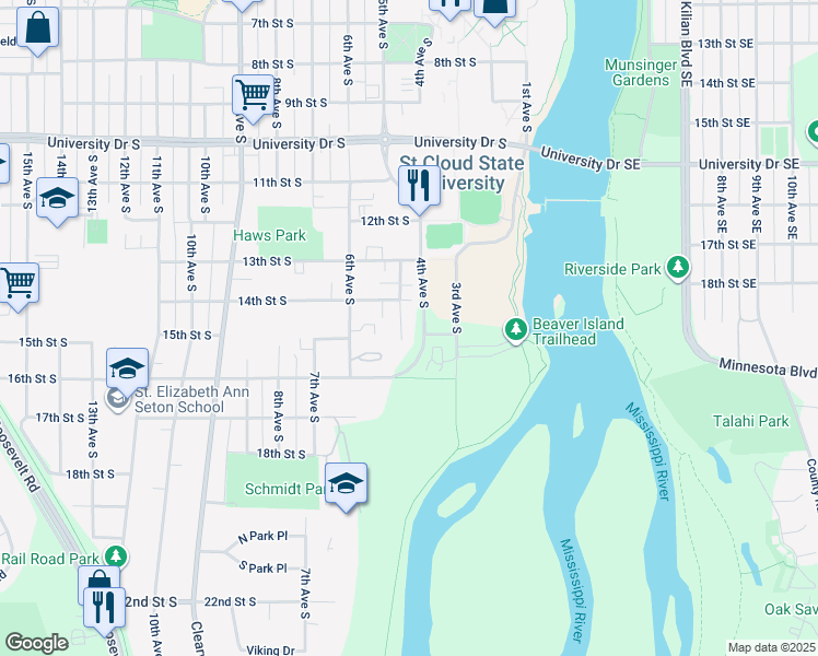 map of restaurants, bars, coffee shops, grocery stores, and more near 1450 5th Avenue South in St. Cloud