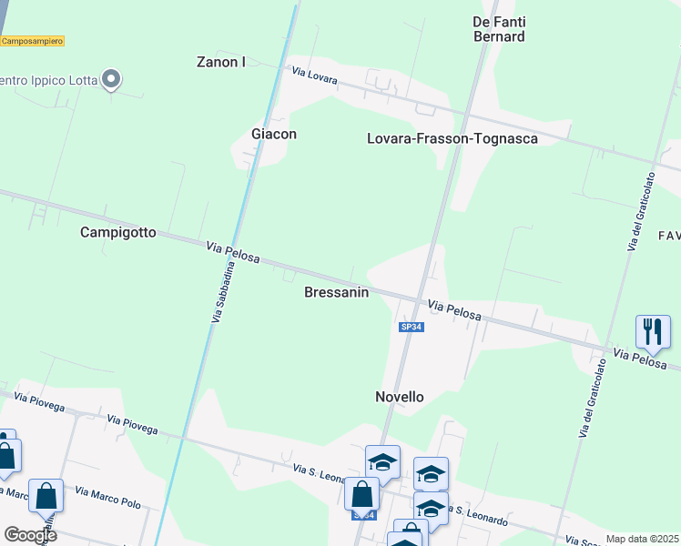 map of restaurants, bars, coffee shops, grocery stores, and more near 144 Via Pelosa in Bressanin