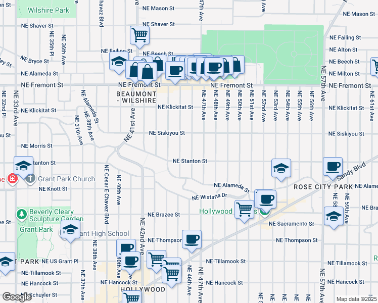 map of restaurants, bars, coffee shops, grocery stores, and more near 2935 Northeast 46th Avenue in Portland