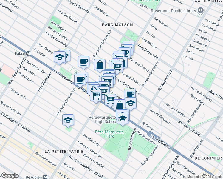 map of restaurants, bars, coffee shops, grocery stores, and more near 6435 Rue Chabot in Montréal
