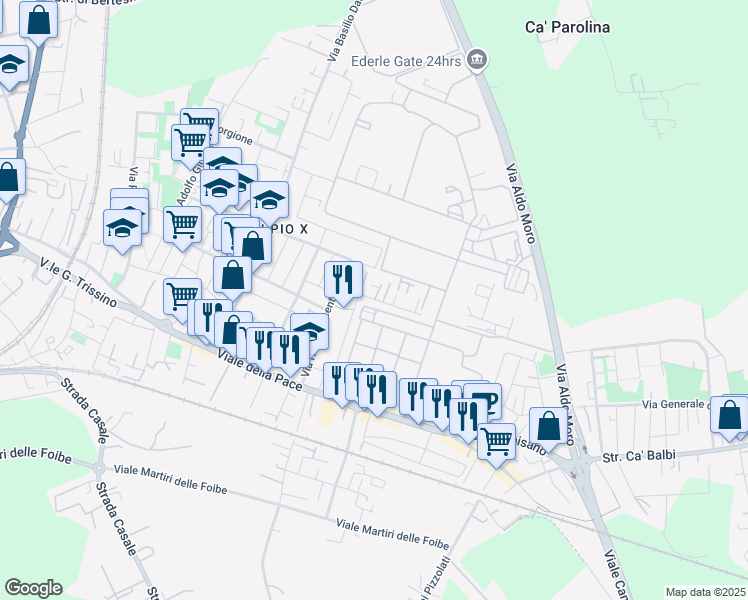 map of restaurants, bars, coffee shops, grocery stores, and more near 103 Via Casermette in Vicenza