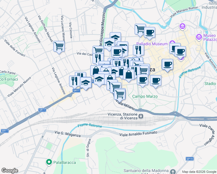 map of restaurants, bars, coffee shops, grocery stores, and more near 53 Viale Milano in Vicenza