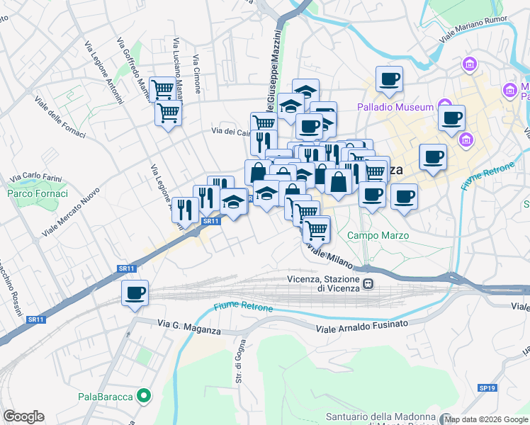 map of restaurants, bars, coffee shops, grocery stores, and more near 167 Corso Strada Statale Felice Fortunato in Vicenza