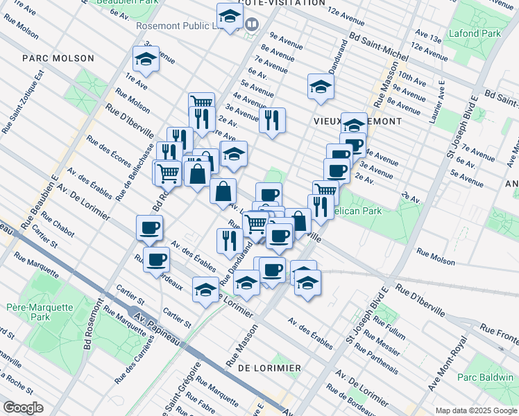 map of restaurants, bars, coffee shops, grocery stores, and more near 1 Avenue Louis-Hébert in Montréal