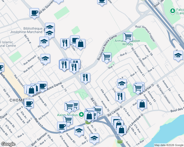 map of restaurants, bars, coffee shops, grocery stores, and more near 3293 Rue Charles Best in Laval