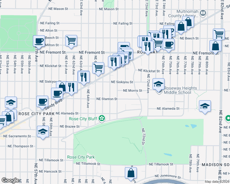 map of restaurants, bars, coffee shops, grocery stores, and more near 2955 Northeast 68th Avenue in Portland