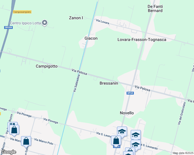 map of restaurants, bars, coffee shops, grocery stores, and more near 75 Via Pelosa in Bressanin