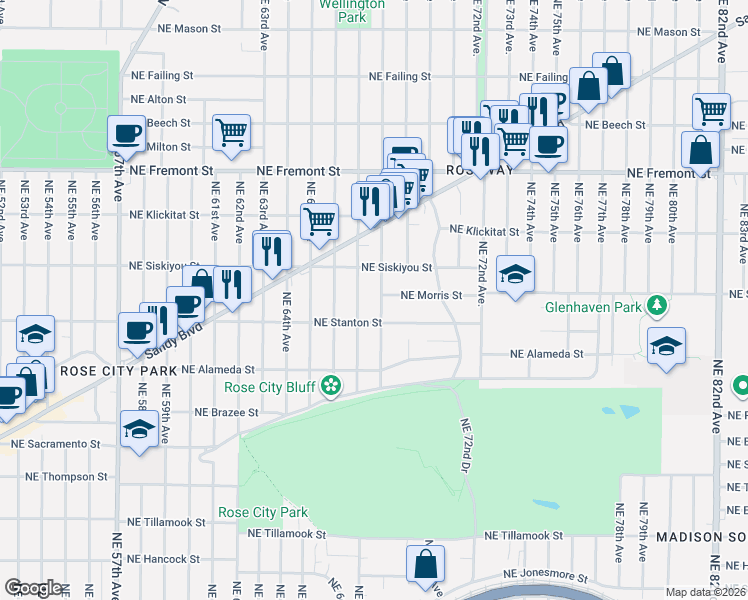 map of restaurants, bars, coffee shops, grocery stores, and more near 2945 Northeast 68th Avenue in Portland