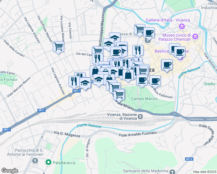 map of restaurants, bars, coffee shops, grocery stores, and more near 53 Viale Milano in Vicenza