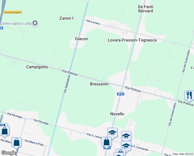 map of restaurants, bars, coffee shops, grocery stores, and more near 144 Via Pelosa in Bressanin