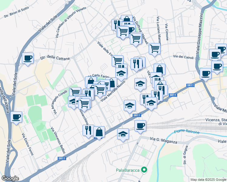 map of restaurants, bars, coffee shops, grocery stores, and more near 40 Via Mercato Nuovo in Vicenza