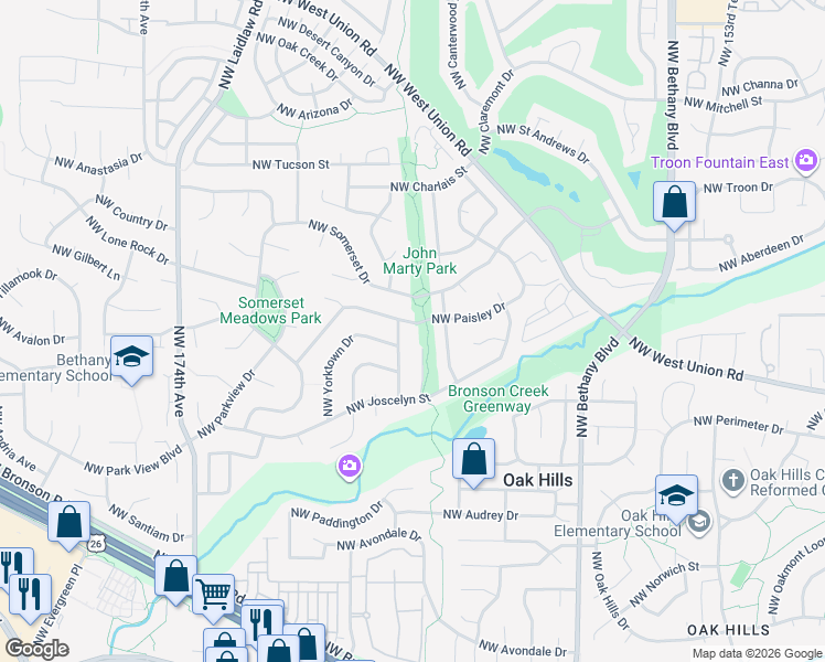 map of restaurants, bars, coffee shops, grocery stores, and more near 16490 Northwest Paisley Drive in Beaverton