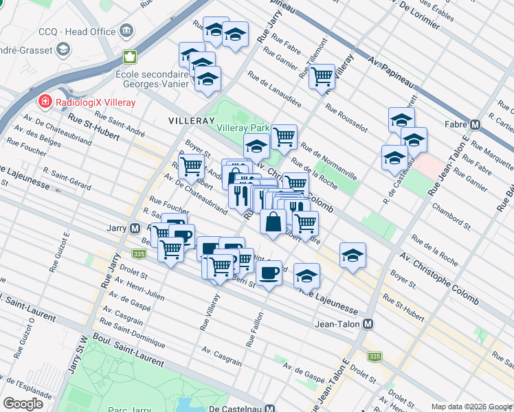 map of restaurants, bars, coffee shops, grocery stores, and more near 7694 Rue Saint-André in Montréal