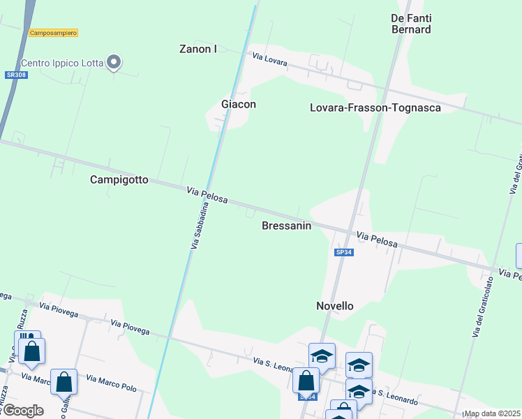 map of restaurants, bars, coffee shops, grocery stores, and more near 75 Via Pelosa in Bressanin