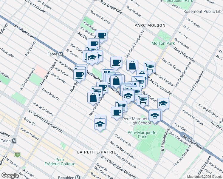 map of restaurants, bars, coffee shops, grocery stores, and more near 6672 Avenue Papineau in Montréal