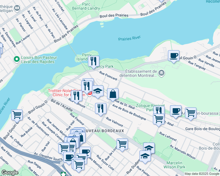 map of restaurants, bars, coffee shops, grocery stores, and more near 12025 Rue Deschamps in Montréal