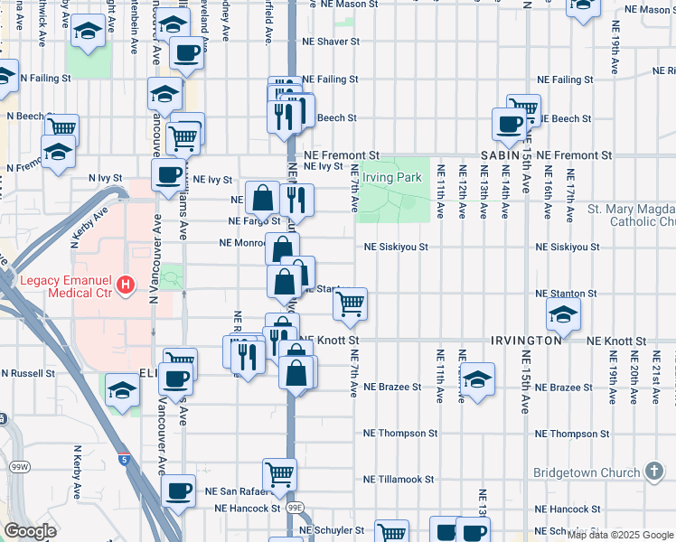 map of restaurants, bars, coffee shops, grocery stores, and more near 606 Northeast Morris Street in Portland