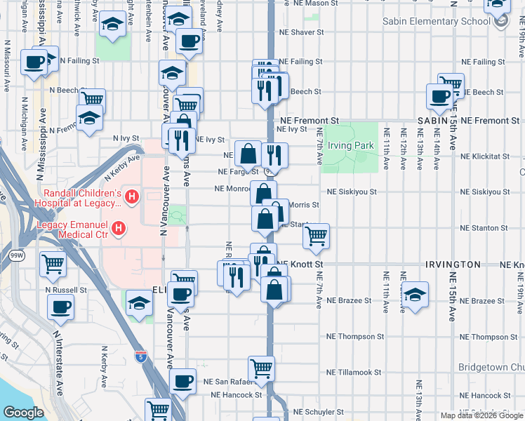 map of restaurants, bars, coffee shops, grocery stores, and more near 306 Northeast Morris Street in Portland