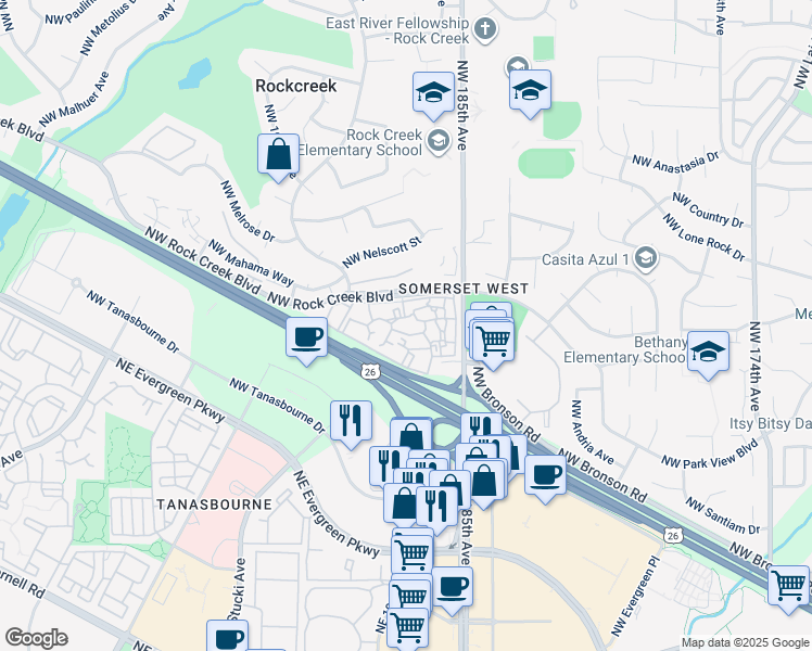 map of restaurants, bars, coffee shops, grocery stores, and more near 18710 Northwest Rock Creek Circle in Portland