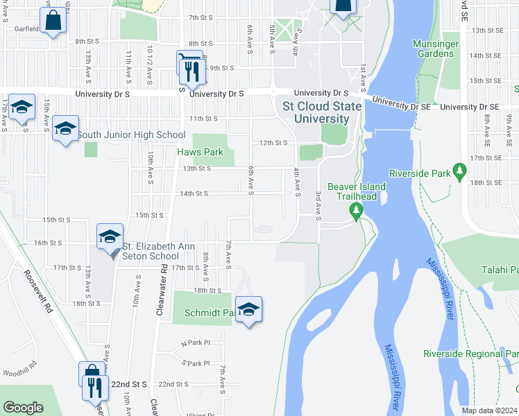 map of restaurants, bars, coffee shops, grocery stores, and more near 520 14th Street South in St. Cloud