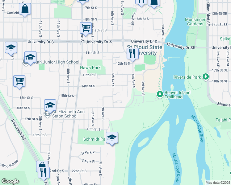 map of restaurants, bars, coffee shops, grocery stores, and more near 520 14th Street South in St. Cloud