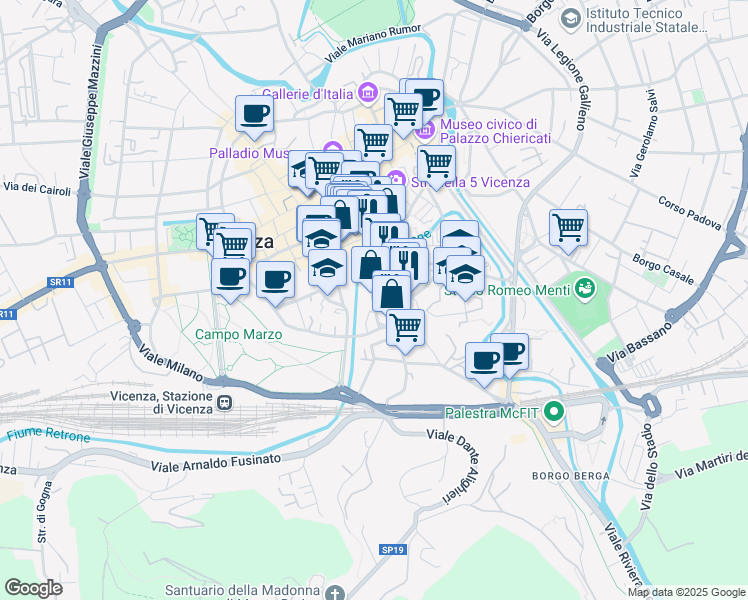 map of restaurants, bars, coffee shops, grocery stores, and more near Stradella San Giovanni in Vicenza