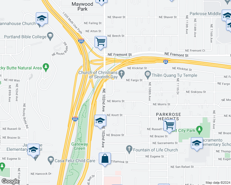 map of restaurants, bars, coffee shops, grocery stores, and more near 3054 Northeast 103rd Place in Portland