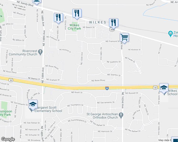 map of restaurants, bars, coffee shops, grocery stores, and more near 2936 Northeast 156th Avenue in Portland