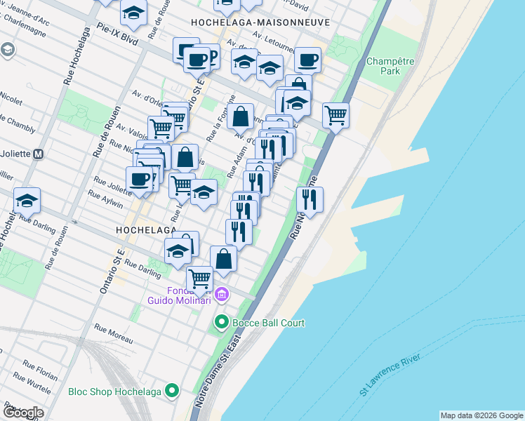 map of restaurants, bars, coffee shops, grocery stores, and more near 584 Rue Nicolet in Montréal
