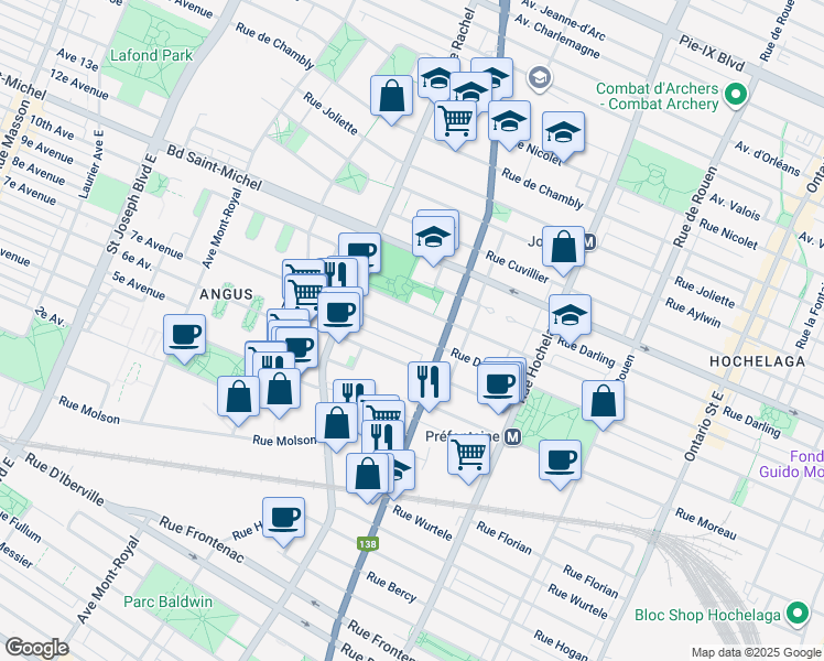 map of restaurants, bars, coffee shops, grocery stores, and more near 3465 Dézéry Street in Montreal