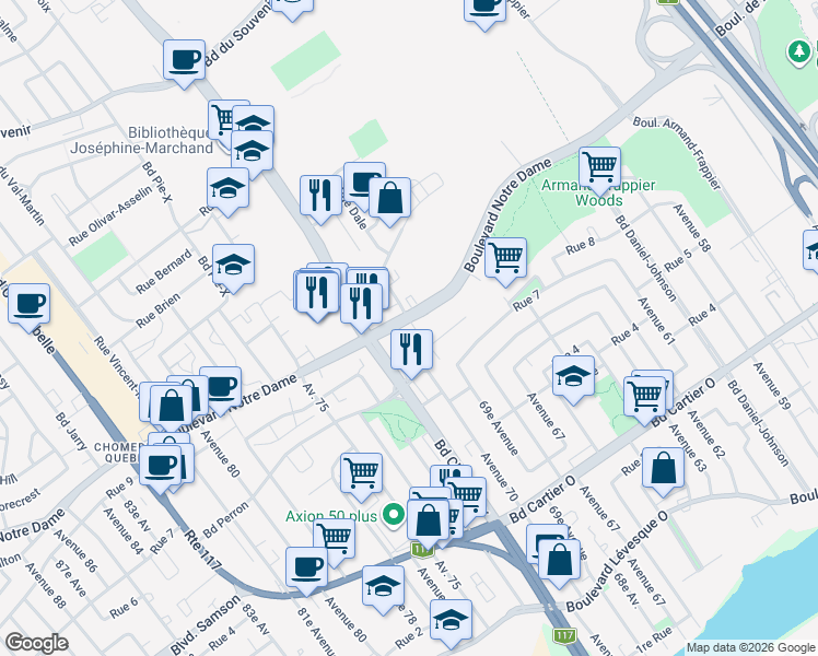 map of restaurants, bars, coffee shops, grocery stores, and more near 3370 Rue Charles Best in Laval