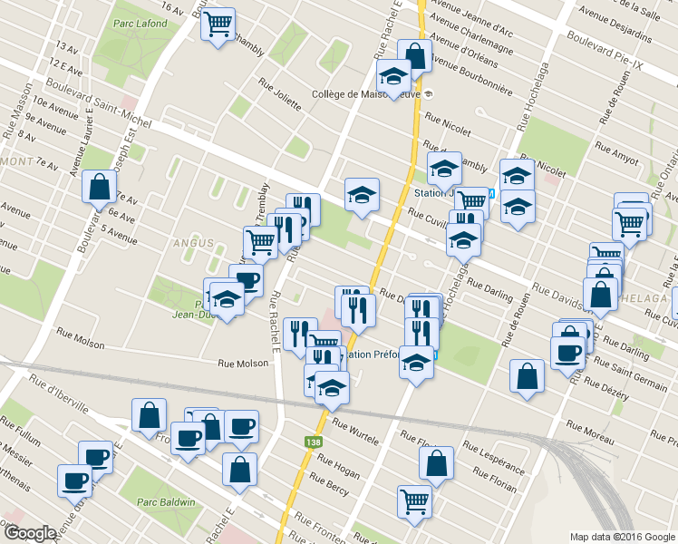 map of restaurants, bars, coffee shops, grocery stores, and more near 3495 Rue Dézéry in Montreal