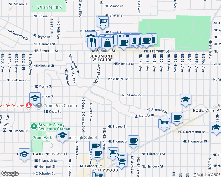 map of restaurants, bars, coffee shops, grocery stores, and more near 4225 Northeast Alameda Street in Portland