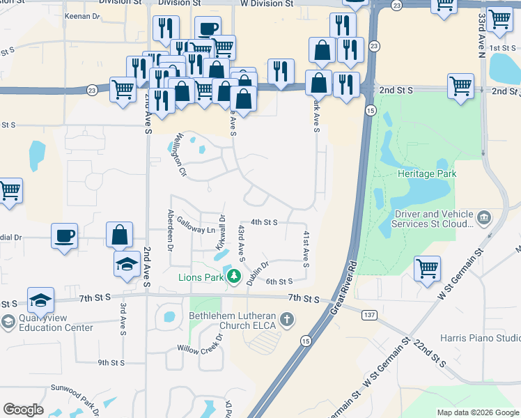 map of restaurants, bars, coffee shops, grocery stores, and more near 325 Waite Avenue South in St. Cloud