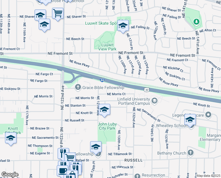 map of restaurants, bars, coffee shops, grocery stores, and more near 3036 Northeast 128th Avenue in Portland