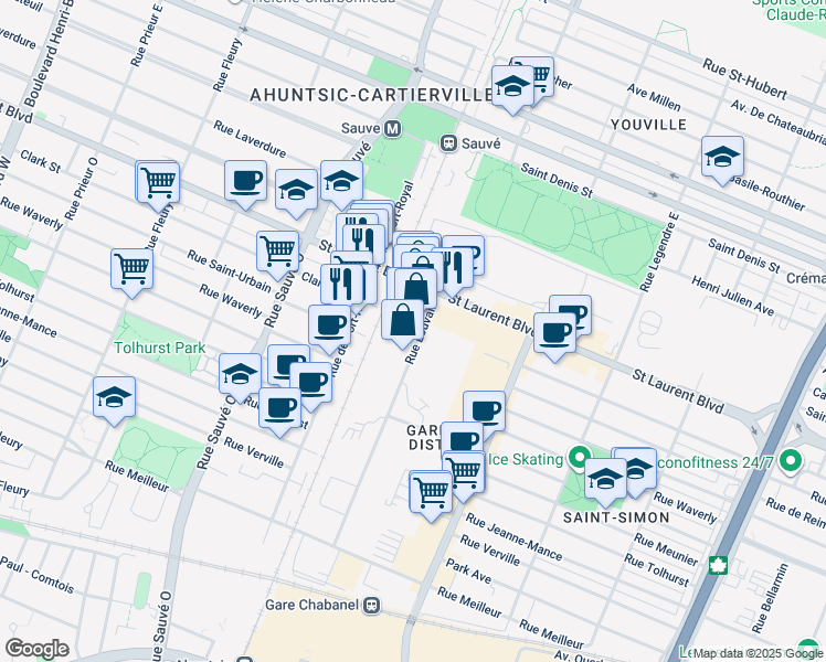 map of restaurants, bars, coffee shops, grocery stores, and more near 15 Rue de Louvain Ouest in Montréal