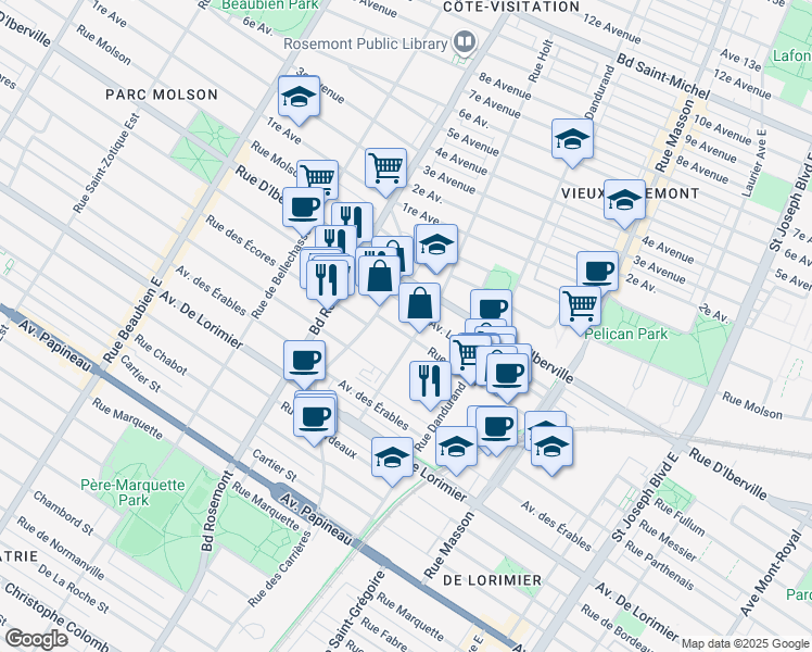 map of restaurants, bars, coffee shops, grocery stores, and more near in Montreal