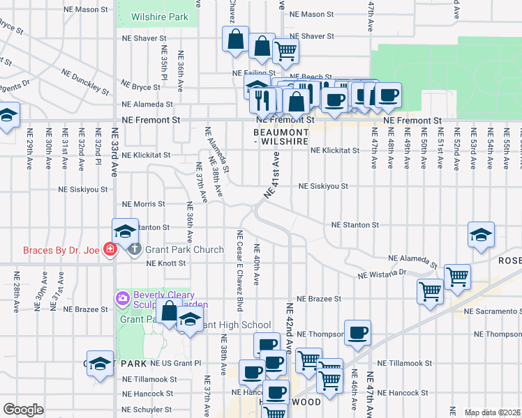 map of restaurants, bars, coffee shops, grocery stores, and more near 3000 Northeast 41st Avenue in Portland