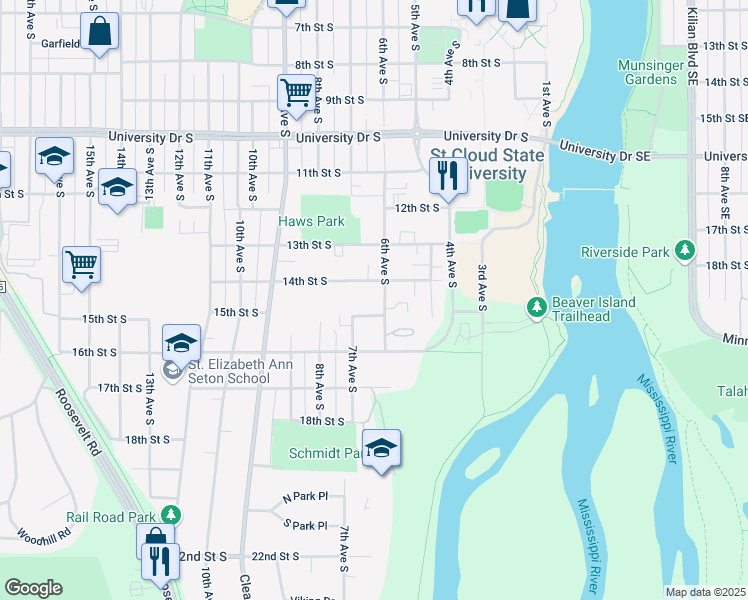 map of restaurants, bars, coffee shops, grocery stores, and more near 1415 6th Avenue South in St. Cloud