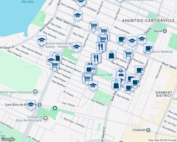 map of restaurants, bars, coffee shops, grocery stores, and more near 10334 Rue Tolhurst in Montreal