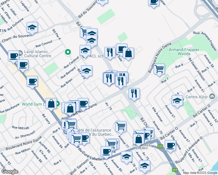 map of restaurants, bars, coffee shops, grocery stores, and more near 800 Boulevard Chomedey in Laval